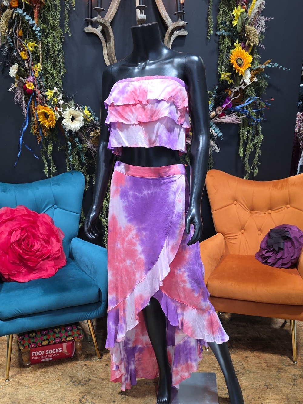 Love Riche Pink & Purple Tie-Dye High-Low Ruffle Skirt Set